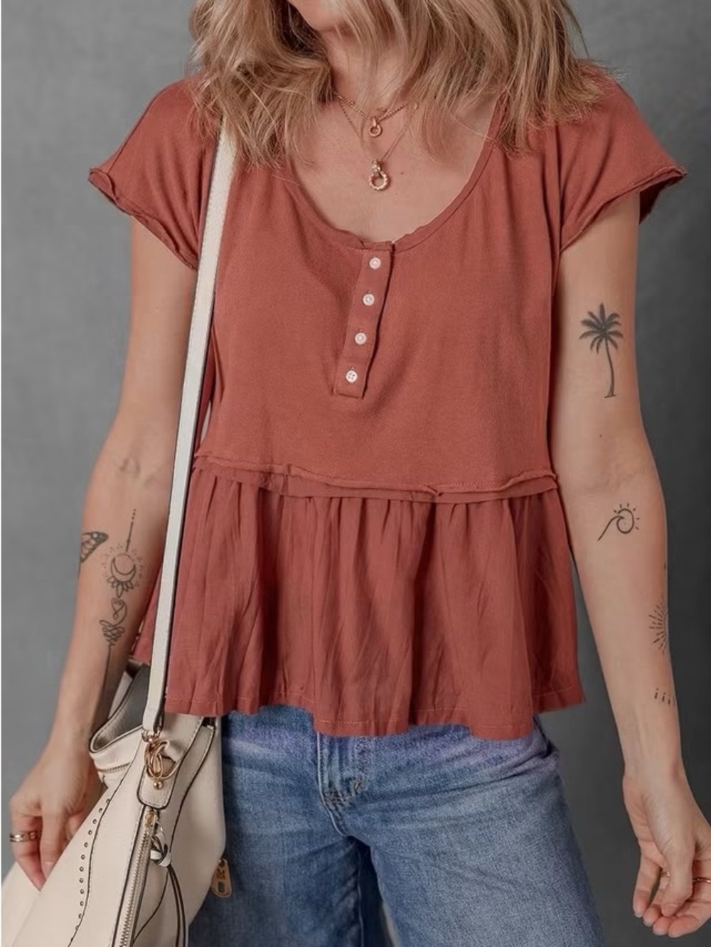 Rust Peplum Henley Top - Unbranded